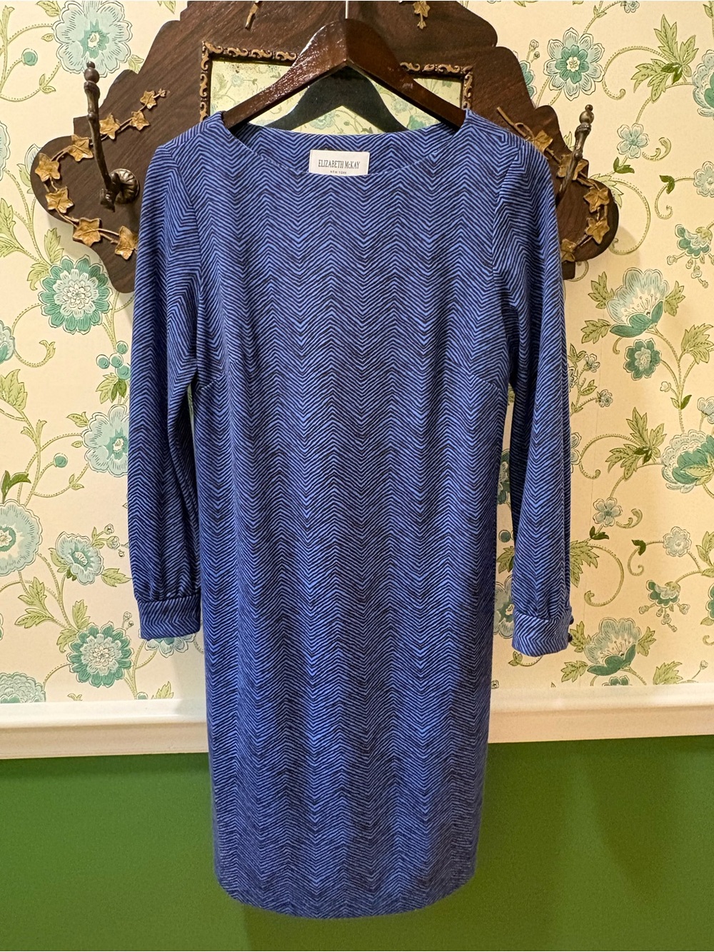 Elizabeth McKay Blue Chevron Shift Dress Long Sleeve Size 10 Made in USA